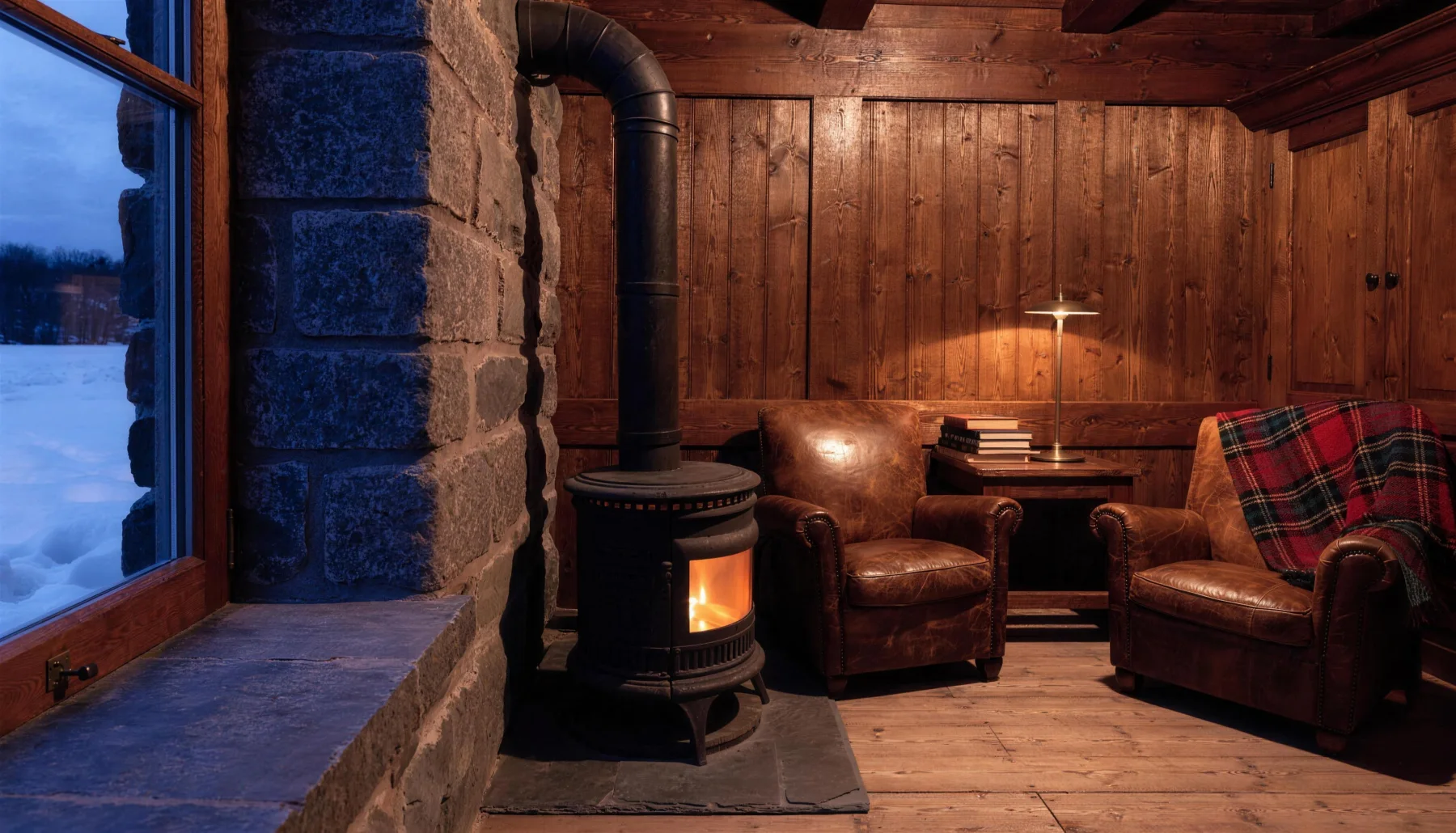 A timber panelled sitting room with a lit cast iron stove on a slate hearth, two worn leather chairs and a lamp, and snow lying outside a deep stone window.